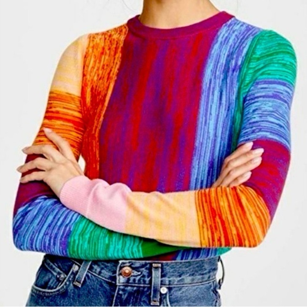 Alice + Olivia Connie cropped sweater rainbow Striped Plaid wool sweater xs